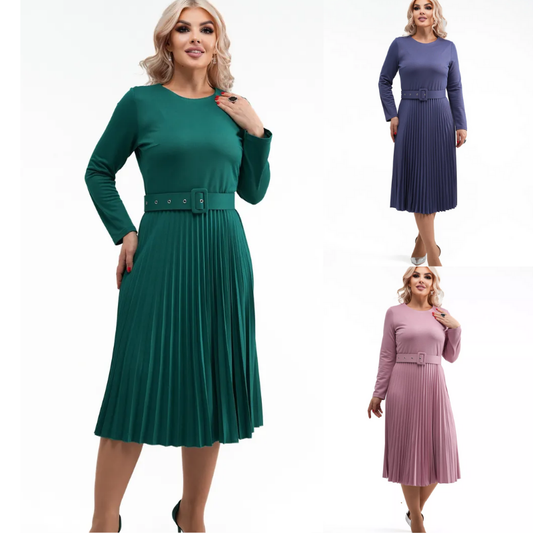 ✨【S-5XL】👗2025 jesień i zima nowa moda elegancka wysokiej jakości jednokolorowa plisowana sukienka-3861007