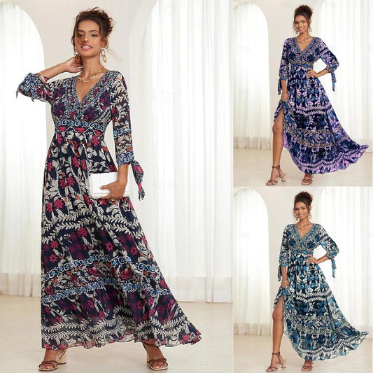 💟【S-5XL】👗2024 nowa elegancka sukienka z nadrukiem i dekoltem w szpic-3655304